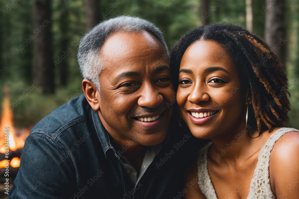 Digital portrait of laughing retired black couple is sitting together near a campfire in the background of the nature travel glamping in the dark forest. Concept of active age. Generative AI Digital portrait of laughing retired black couple is sitting together near a campfire in the background of the nature travel glamping in the dark forest. Concept of active age. Generative AI