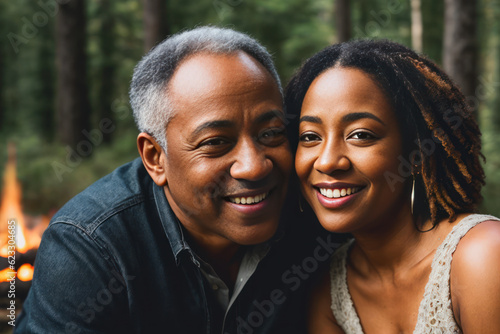 Digital portrait of laughing retired black couple is sitting together near a campfire in the background of the nature travel glamping in the dark forest. Concept of active age. Generative AI © mikhailberkut