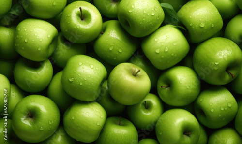 Apple green background. Fruit wallpaper. For banner, postcard, illustration. Created with generative AI tools