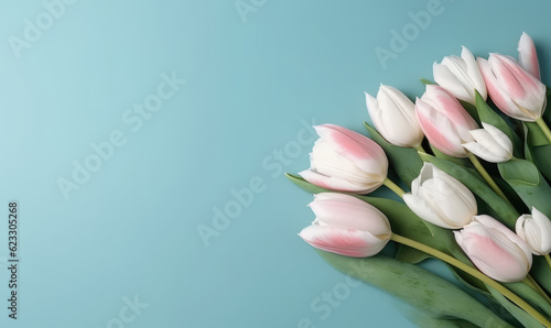 Background with tulip flowers. For banner, postcard, illustration. Created with generative AI tools