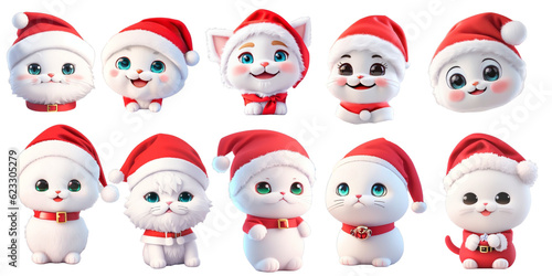 White kitten wearing Santa costume, Christmas day, 3d illustration transparent background