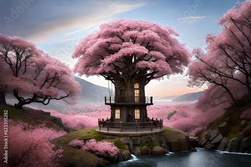 beautiful bumpkinly flowery treehouse in a gigantic woo passing flower postponement. Creative resource, AI Generated