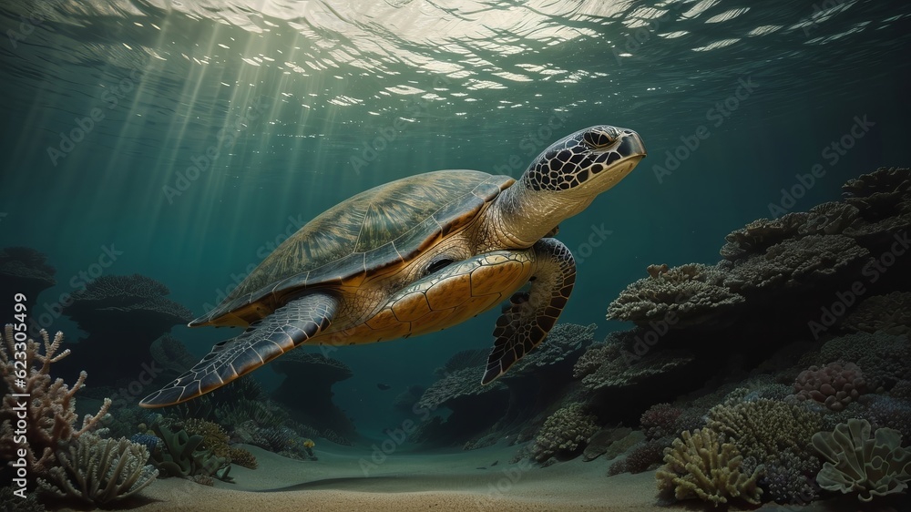 Fototapeta premium Green sea turtle float submarine. Creative resource, AI Generated