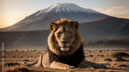 Leo portrayal on savanna. Creative resource, AI Generated photo