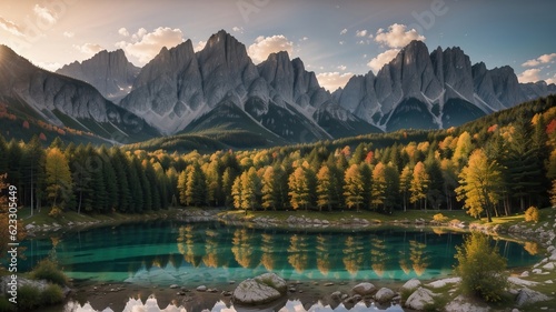 colorful summer view of the lake . bright dawn suit of the Julian Alps. Creative resource, AI Generated