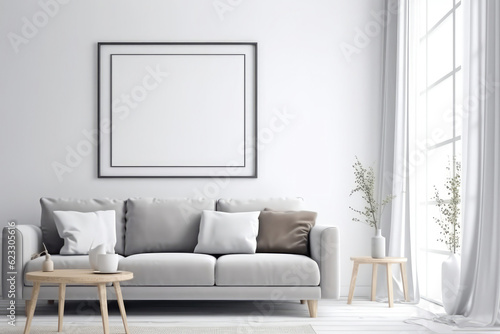 Frame mockup in farmhouse living room interior background, 3d render, generative AI © Kien