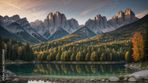colored summer watch of the lake . bright dawn suit of the Julian Alps. Creative resource, AI Generated photo
