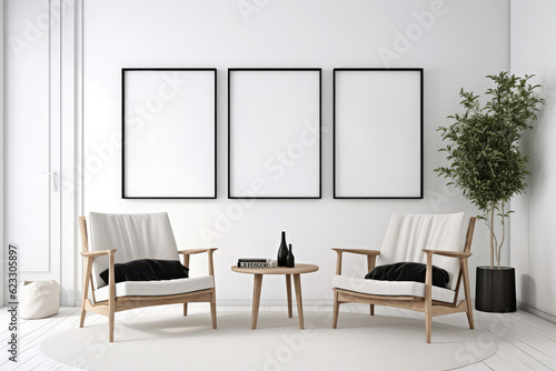 Frame mockup in farmhouse living room interior background, 3d render, generative AI