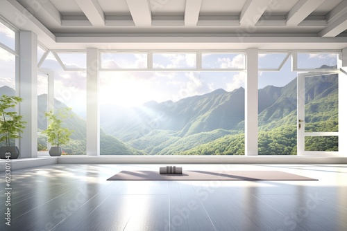 Clean and calm yoga studio with beautiful nature view. Interior design. Generative AI