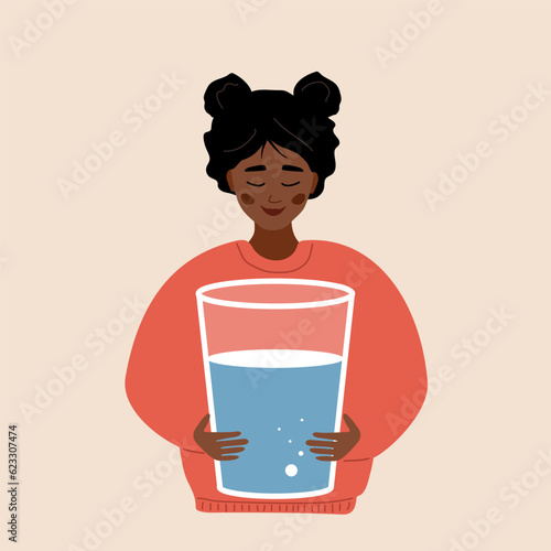 Water balance. Thirsty african woman hold large glass of clean water. Morning routine. Useful habit and healthy lifestyle. Maintaining daily rate in body. Vector illustration in flat cartoon style.