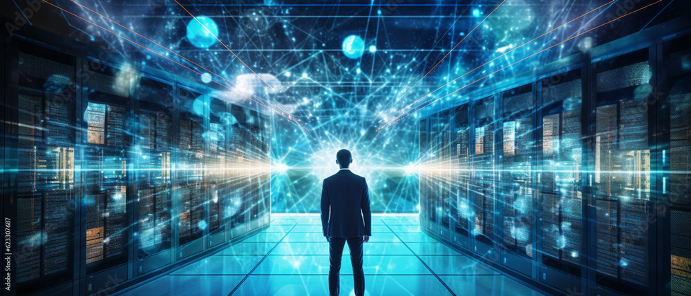 big data digital concept. a business man standing in front of hologram data at server room. high technology concept big data digital concept. a business man standing in front of hologram data at server room. high technology concept