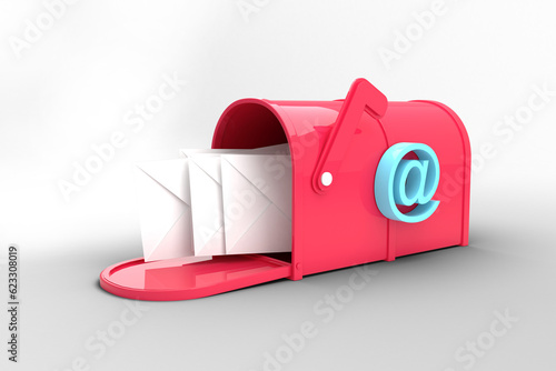 Digital png illustration of red mailbox with letters and at sign on transparent background