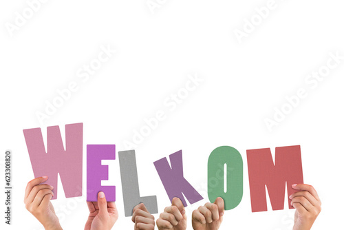 Digital png illustration of hands holding welkom text on transparent background
