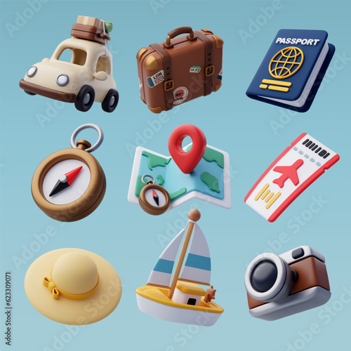 Collection of Travel Tourism 3d icon, Trip Planning World Tour. Holiday Vacation, Travel and Transport concept.