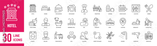 Hotel thin line icons set. Booking, reservation, room, airport, accommodation, travel, plane, payment, hospitality and food. Vector illustration.