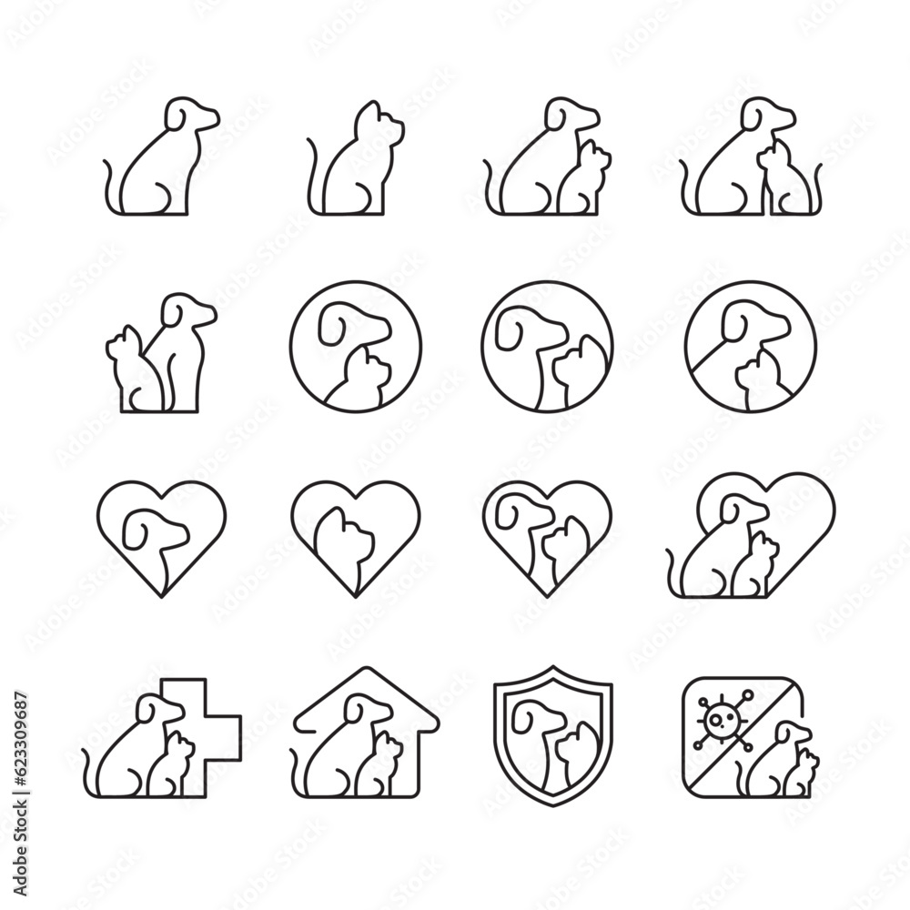 Dog cat pet logo line icon vector collection Dog cat pet logo line icon vector collection
