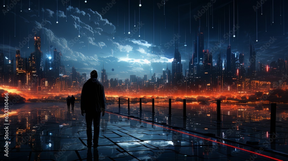 Silhouettes of people in futuristic technological progress city AI
