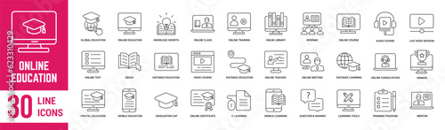 Online Education thin line icons set. Online course, training, audio course, digital education, distance education, consultation and ebook. Vector illustration