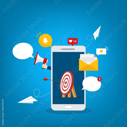 Mobile phone marketing. Reaching online audience with email marketing campaign, social media content, newsletter subscription.