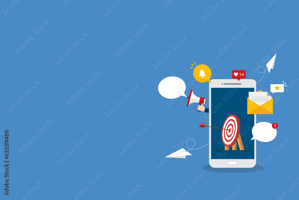 Mobile phone marketing. Reaching online audience with email marketing campaign, social media content, newsletter subscription. Mobile phone marketing. Reaching online audience with email marketing campaign, social media content, newsletter subscription.