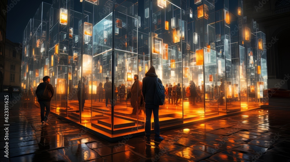 People silhouettes and futuristic technological progress city. Digital technology AI