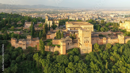 Bild auf Leinwand Aerial sunrise image of the Alhambra fortress in Granada, Spain