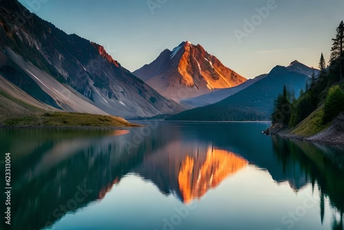  Volcanic mountain in morning light reflected in calm waters of lake © Ahtesham