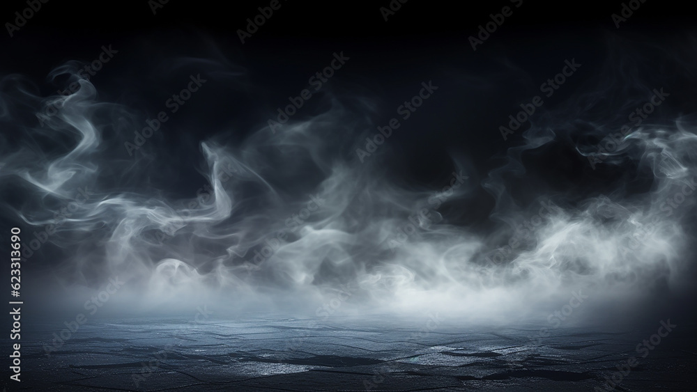 Fog In Darkness. Smoke And Mist On Wooden Table. Abstract And Defocused Halloween Backdrop.