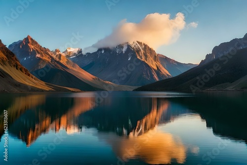 Volcanic mountain in morning light reflected in calm waters of lake