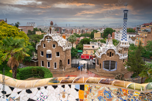 Daytime photo of Park Guell, in Barcelona, Spain, from the Monumental Zone terrace.
