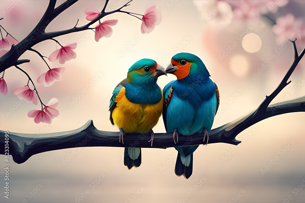 Adorable Love Birds sitting on a branch of a cherry blossom tree Valentine's Day