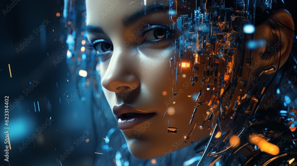 Female face and robot projection. Future technologies, Internet Business, Digital technology AI