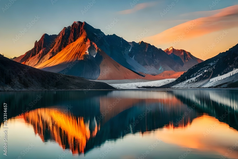  Volcanic mountain in morning light reflected in calm waters of lake