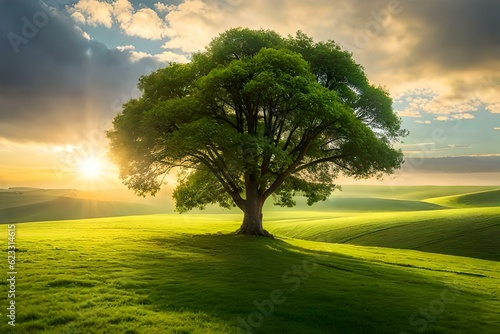 spring meadow with big tree with fresh green leaves