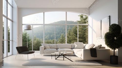 contemporary living room interior deisgn house beautiful with natural color scheme view of forest mountain hill nature background ,ai generate © VERTEX SPACE