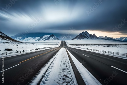 View of road leading towards snowy mountains  © Ahtesham