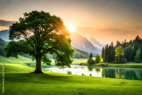 pring meadow with big tree with fresh green leaves