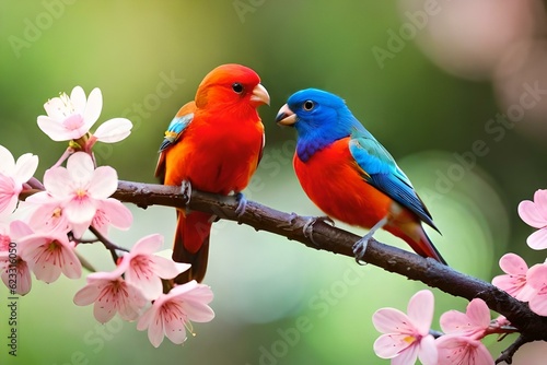 Adorable Love Birds sitting on a branch of a cherry blossom tree Valentine's Day  © Ahtesham