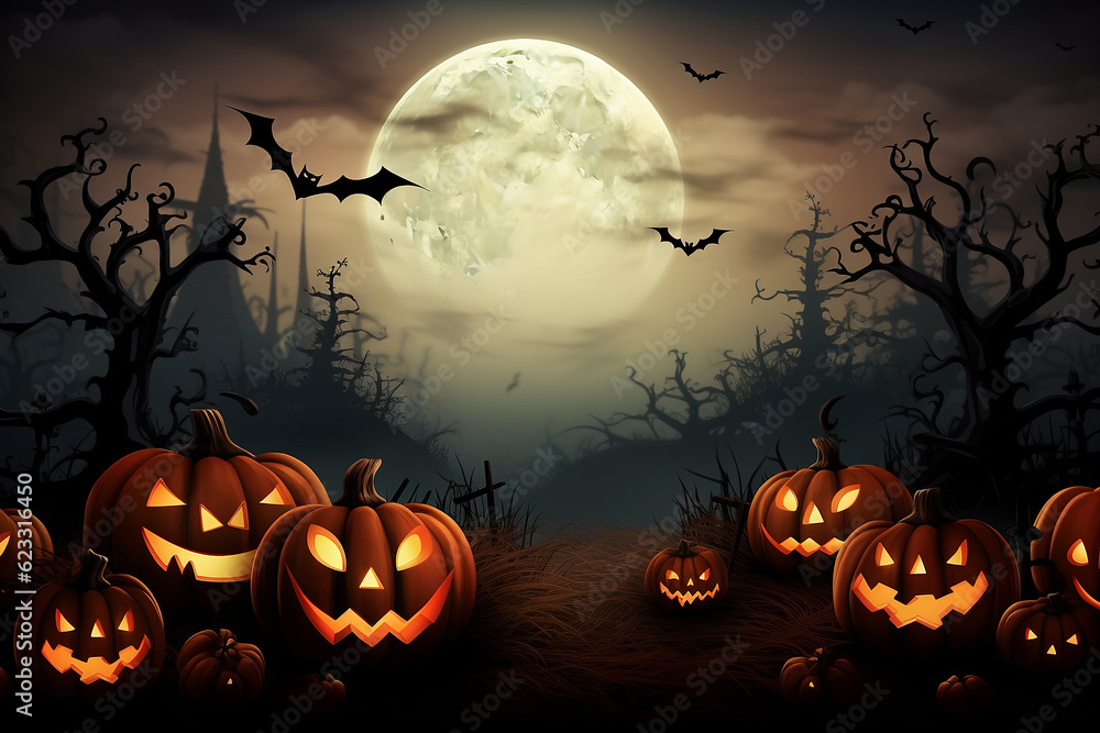 Happy Halloween Banner with Pumpkins, Spooky Celebration and Spooky Decorations Set the Haunted Scene. generated ai. Happy Halloween Banner with Pumpkins, Spooky Celebration and Spooky Decorations Set the Haunted Scene. generated ai.