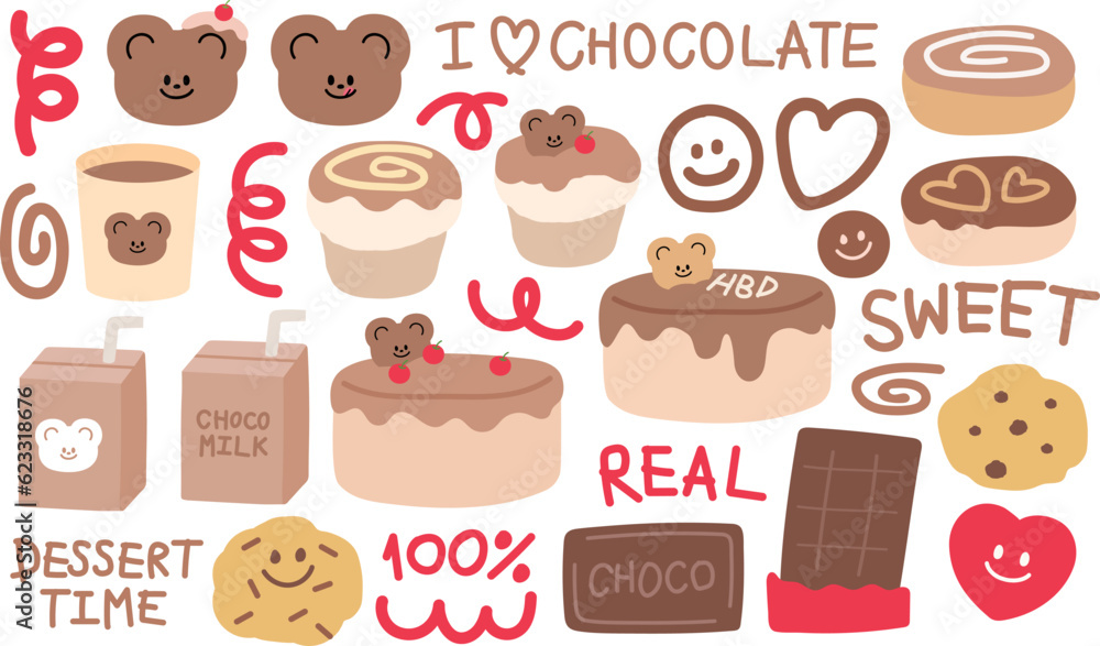 Sweet dessert and snack for Chocolate's Day, including HBD cake, cupcake, cookie, milk drink, donut, cute abstract doodle elements and teddy bear. For cafe and restaurant decoration, icons, logos, etc