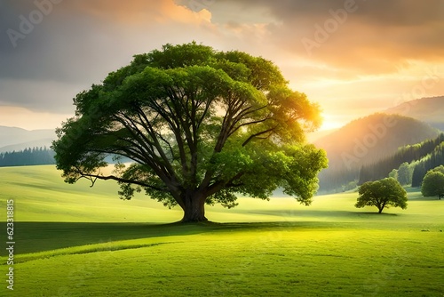 pring meadow with big tree with fresh green leaves