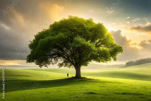 Lonely green oak tree in the field  © Ahtesham