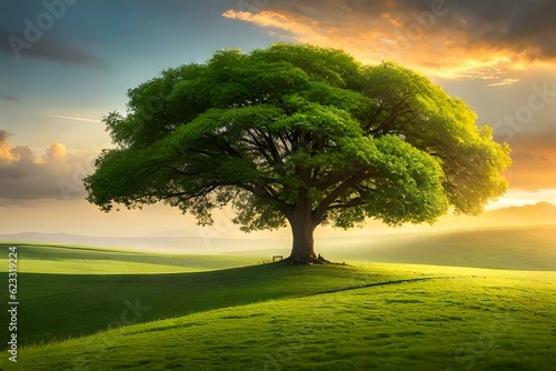 Lonely green oak tree in the field  © Ahtesham