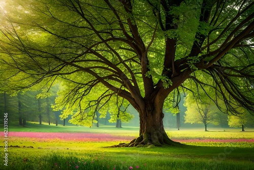 Lonely green oak tree in the field 