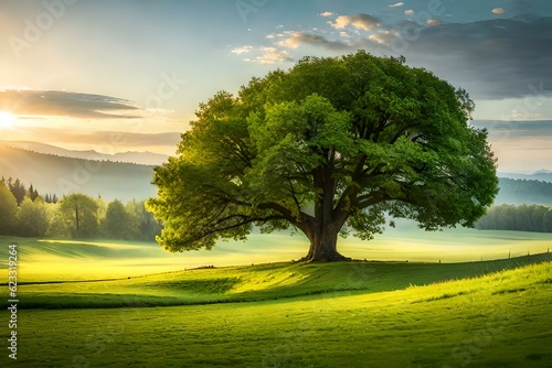 Lonely green oak tree in the field 