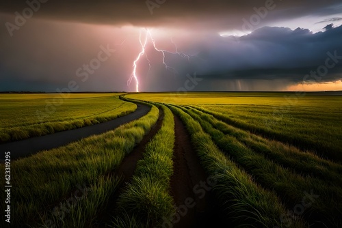 Thunderstorm with lightning strikes over a field