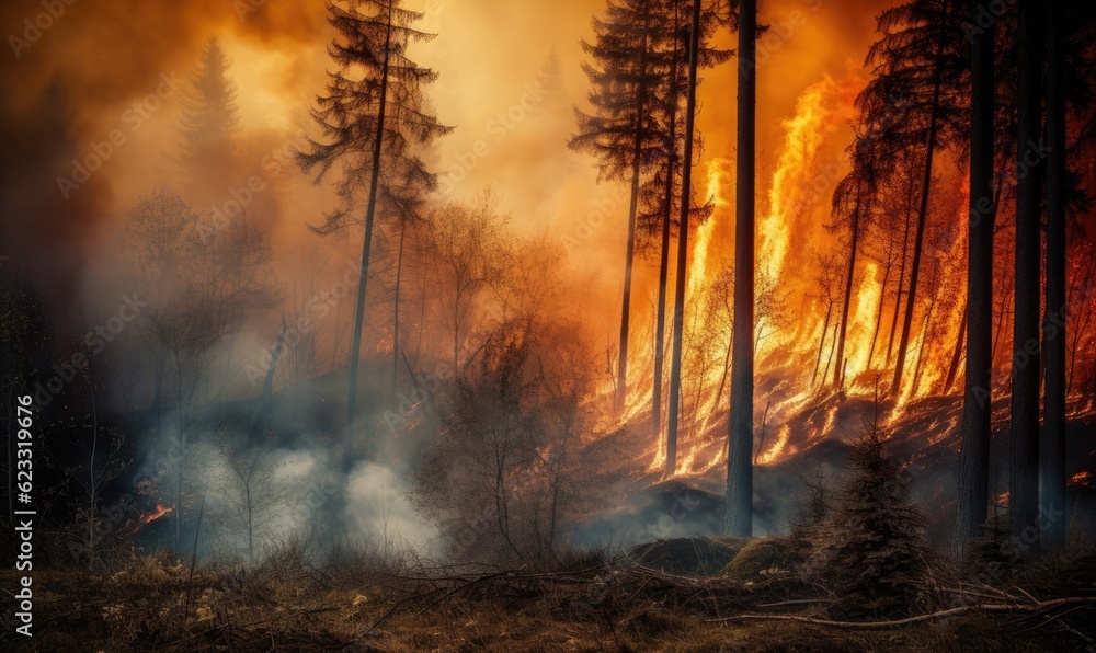 Fiery inferno ravages mountain forest, fueled by hellfire. Creating using generative AI tools