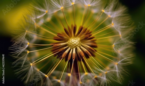 Detailed view of a dandelion flower with a bee gathering nectar. Creating using generative AI tools