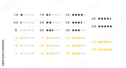 Rating. Flat, colored, quality of services, leave a review, rate the service, buttons for the site, rating stars. Vector icons.