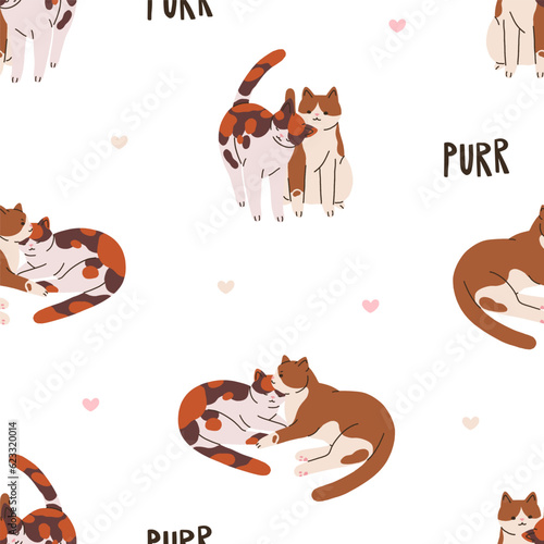 Cute cats, love kitties couples, seamless pattern. Feline meow valentines, repeating print. Endless romantic background design. Colored flat vector illustration for textile, fabric, wallpaper